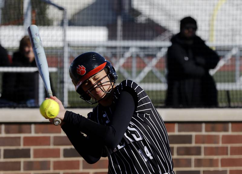 Crystal Lake Central's Lily Perocho avoids a pitch during Fox Valley Conference softball game against Huntley on Tuesday, April 8, 2025, at Huntley High School.