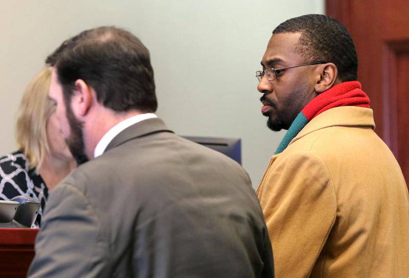 Corey Butler (right) appears before Judge Robbin Stuckert with his attorney Bob Motta on Feb. 1 at the DeKalb County Courthouse in Sycamore.