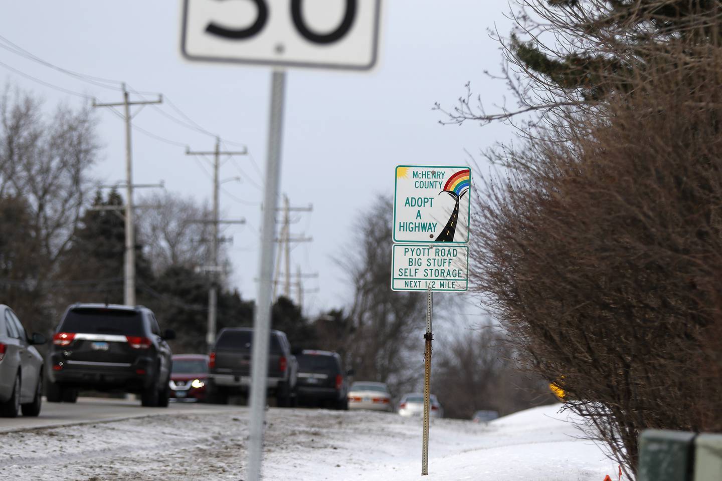 Traffic is seen near the Algonquin-Lake in the Hills Interfaith Food Pantry on Pyott Road on Tuesday, Jan. 4, 2022, in Lake in the Hills.  A car crash happened near this location in 2011, after which Bridget Prate was pronounced dead on arrival at an Elgin hospital.