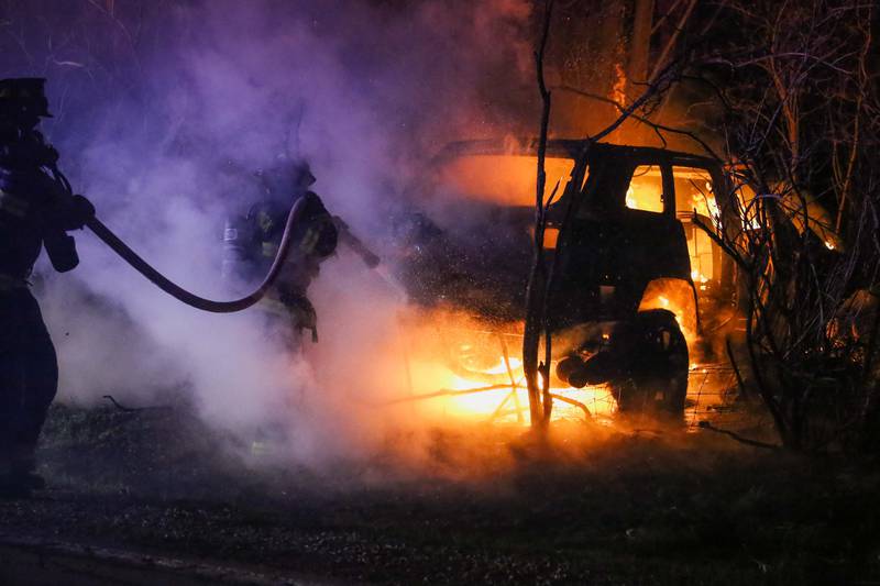 Two men were “seriously injured” in a crash Wednesday, April 19, 2023, outside Woodstock that left the vehicle in flames, the Woodstock Fire/Rescue District said.