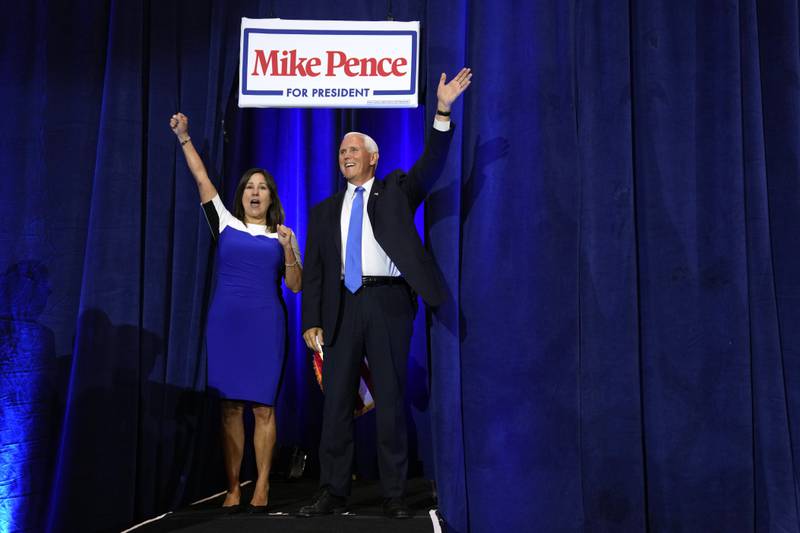 Republican presidential candidate former Vice President Mike Pence and his wife Karen arrives to speak at a campaign event, Wednesday, June 7, 2023, in Ankeny, Iowa. (AP Photo/Charlie Neibergall)