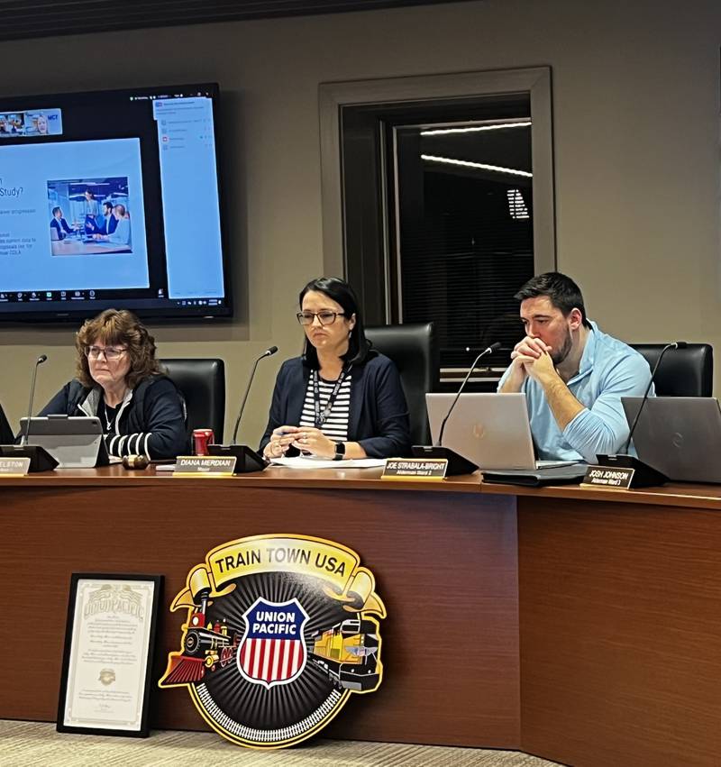 Ward 1 Alderwoman Retha Elston, Mayor Diana Merdian and Ward 2 Alderman Joe Strabala-Bright listen to a report during a Sterling City Council meeting on Monday, Feb. 3, 2025.