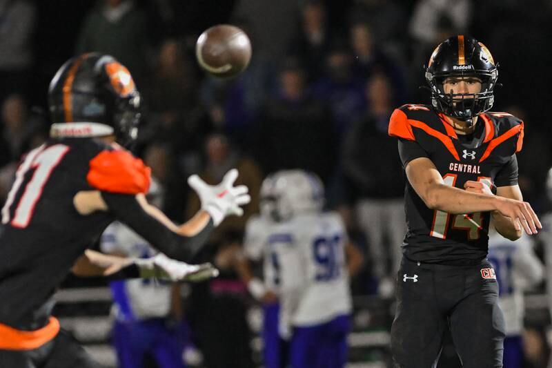 Crystal Lake Central's George Dimopoulos throws to Thomas Hammond during their Fox Valley Conference game against Hampshire on Friday, Oct. 20, 2023 in Crystal Lake.