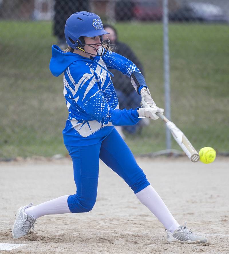 Newman’s Claire Von Holten drives a ball to third against Lena-Winslow Wednesday, April 1, 2026.