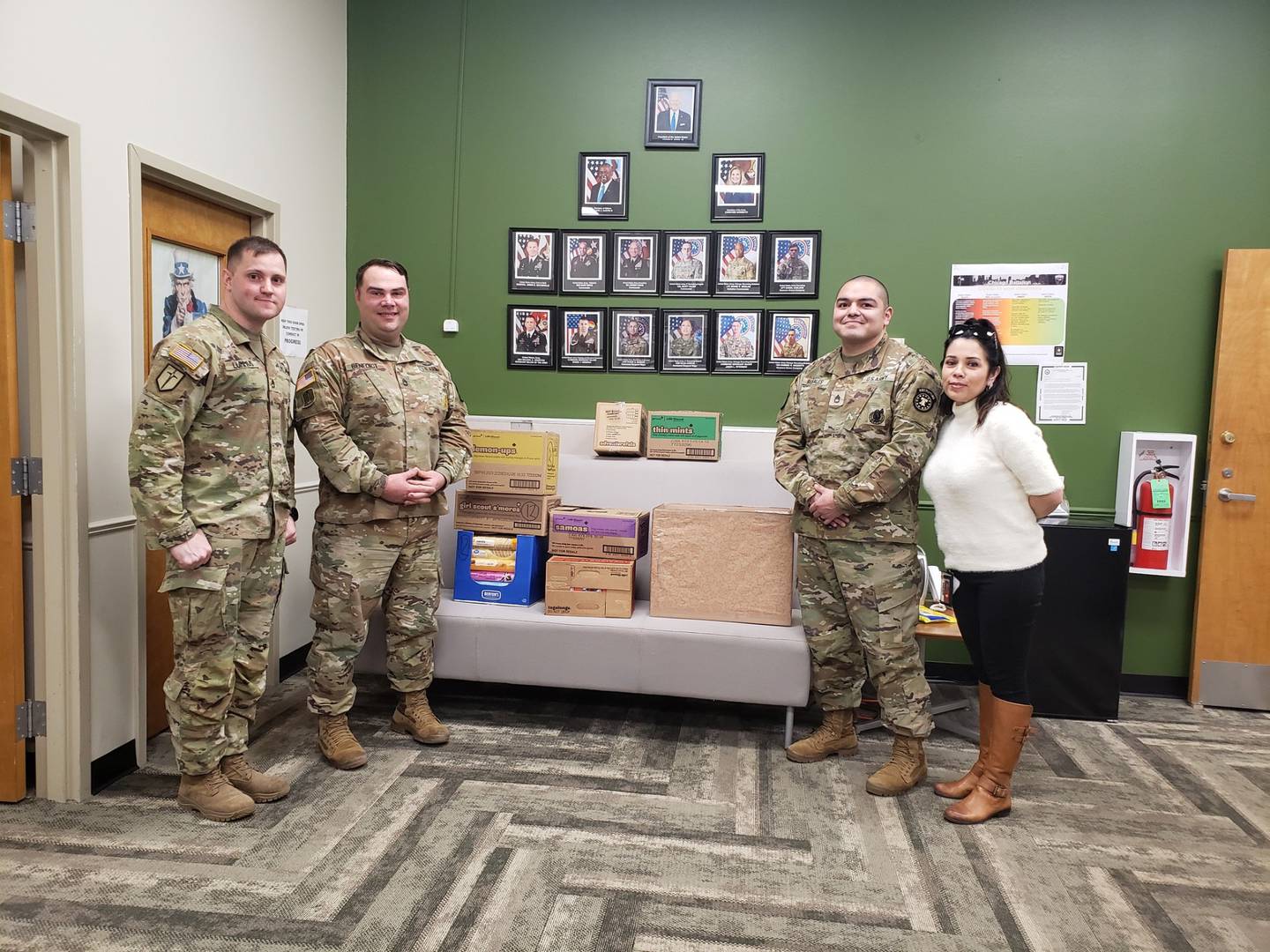 District 202 teachers, staff, administration and families donated more than 2, 000 boxes of cookies to support Cookies for Troops, a donation drive to support local military members. The donated cookies were delivered to the Illinois National Guard in Joliet, a military office in Aurora and the USO rooms at O’Hare and Midway airports. Tina Vasquez, Bonnie McBeth Learning Center paraprofessional and Cookies for Troops organizer, is seen far right in March 2023.