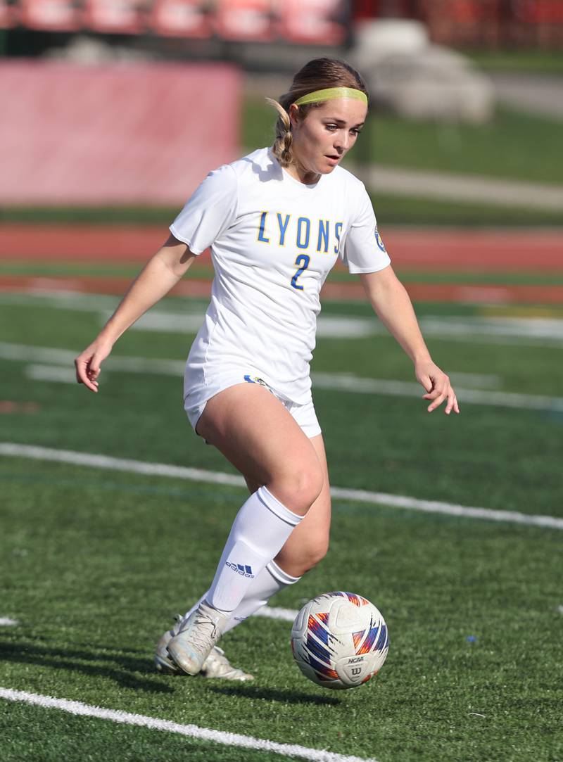 Lyons Township's Josie Pochocki (2) handles the ball during the girls varsity soccer match between Lyons Township and Hinsdale Central high schools in Hinsdale on Tuesday, April 18, 2023.