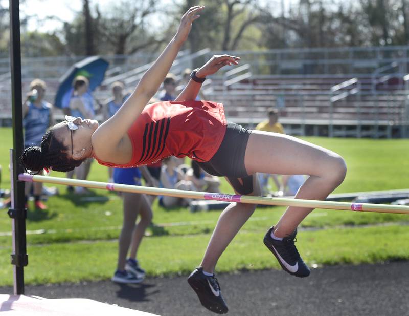 Hall’s Isabella Templeton competes in the high jump during the Rollie Morris Invite on Saturday, April 15, 2023 at Hall High School.