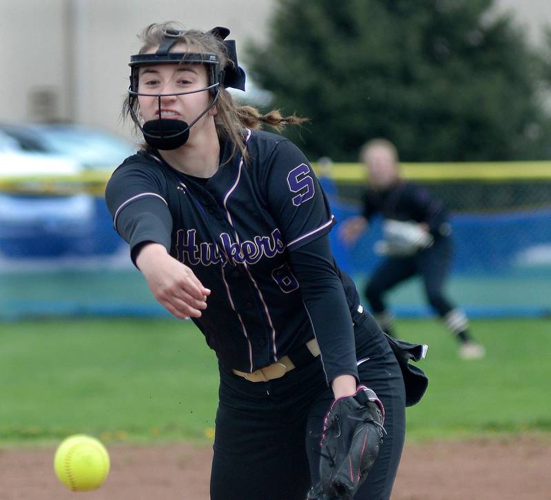 Serena starting pitcher Maddie Glade delivers home against the Marquette Crusaders on Saturday, April 30, 2022, n Ottawa.
