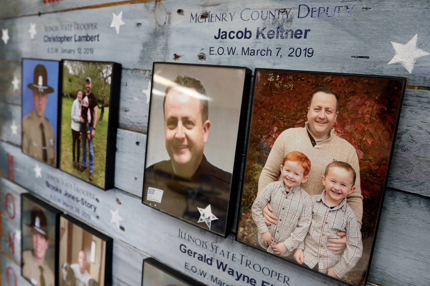 Photos of McHenry County sheriff's Deputy Jacob Keltner and other members of law enforcement who lost their lives in 2019 and 2020 are displayed in the waiting area during the second annual Jake Keltner Memorial Blue Blood Drive on Law Enforcement Appreciation Day on Saturday, Jan. 9, 2021, in Crystal Lake. The blood drive event was held Glacier Ridge Elementary School this year to better accommodate social distancing measures. It attracted about 360 pre-registered donors with walk-in also accepted. Keltner was killed in the line of duty serving an arrest warrant in March 2019 in Rockford.