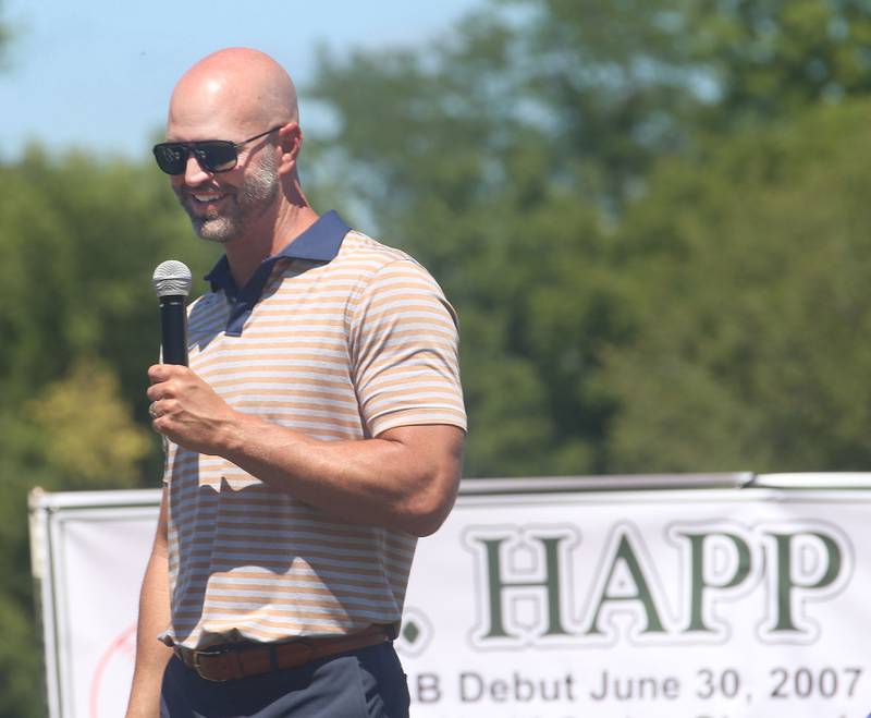 J.A. Happ smiles during his J.A. Happ Day and field dedication on Sunday, July 30, 2023 at Washington Park in Peru.