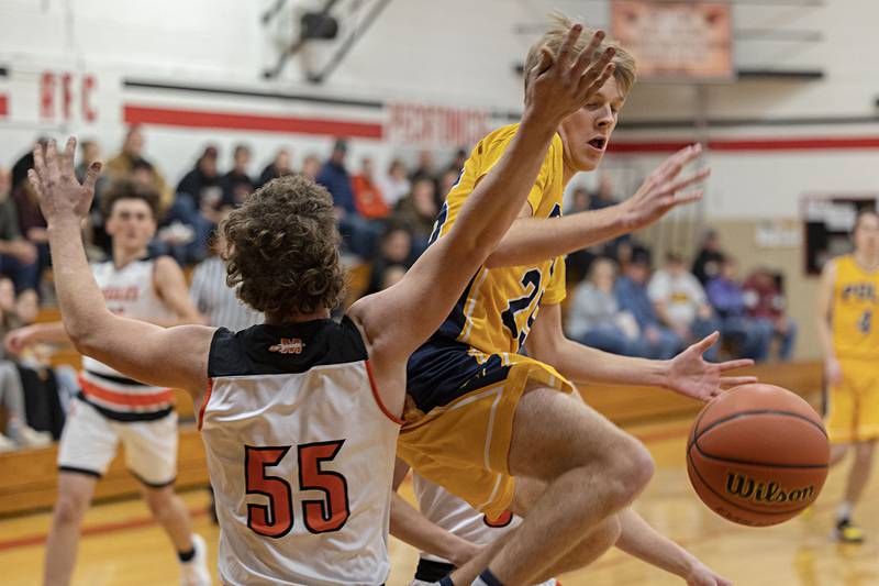 Polo’s Carson Jones loses the ball against Milledgeville Monday, Dec. 19, 2022 in the Forreston Holiday Tournament.