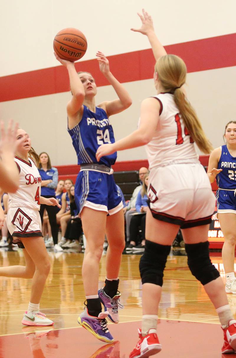 Princeton's Keighley Davis shoots a jump shot over Hall's Ella Sterling on Thursday, Nov. 30, 2023 at Hall High School.