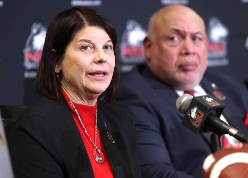 Northern Illinois University president Lisa Freeman answers a question as director of athletics and recreation Sean Frazier looks on during a press conference Tuesday, Jan. 7, 2025, announcing that NIU football will be joining the Mountain West Conference starting with the 2026 season.