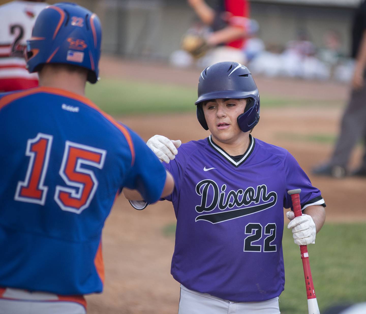Dixon’s Trey Scheidegger comes off the field Monday June 13, 2022 during the NIC-10 vs Big Northern Conference senior all-star game.