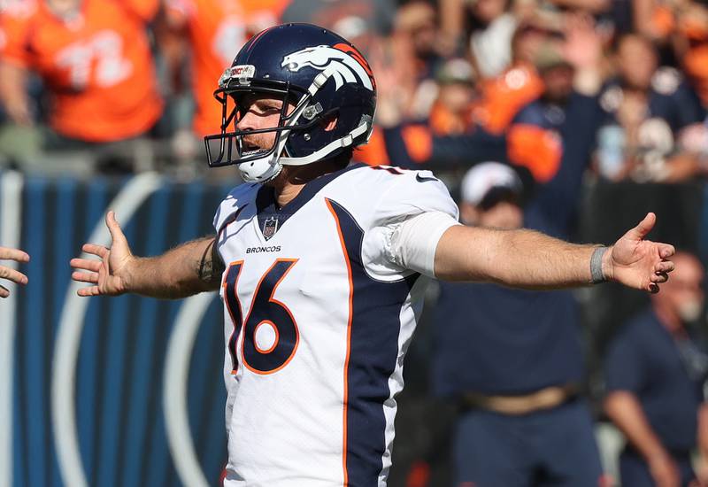 Denver Broncos place kicker Wil Lutz celebrates his game winning kick against the Chicago Bears during their game Sunday, Oct. 1, 2023, at Soldier Field in Chicago.