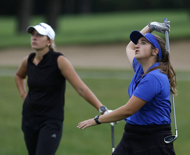 Dundee-Crown’s Magen Laas reacts to her tee shot on the 15th hole during the Fox Valley Conference Girls Golf Tournament Wednesday, Sept. 20, 2023, at Crystal Woods Golf Club in Woodstock.