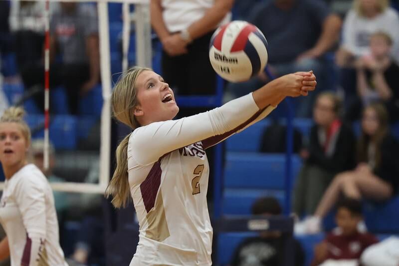 Morris’ Haylee Dunne runs down the ball against Plainfield South on Monday, Sept. 25, 2023 in Plainfield.