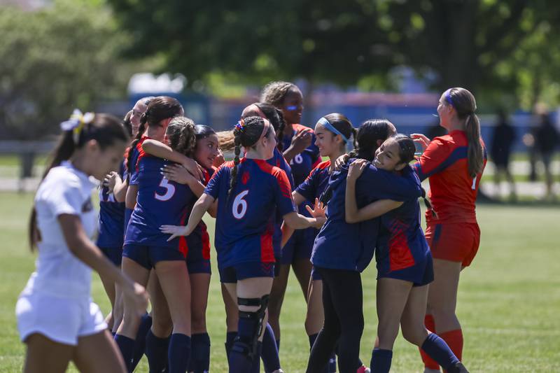 Oswego celebrates the win over Neuqua Valley for the Class 3A regional final soccer title on Saturday, May 23, 2026 in Oswego