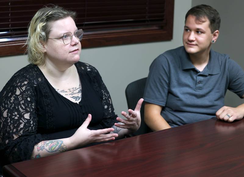 Ash Rootes and Beck Garcia, from DeKalb Mutual Aid, talk Tuesday, June 10, 2025, about their focus for the future of the local nonprofit group.