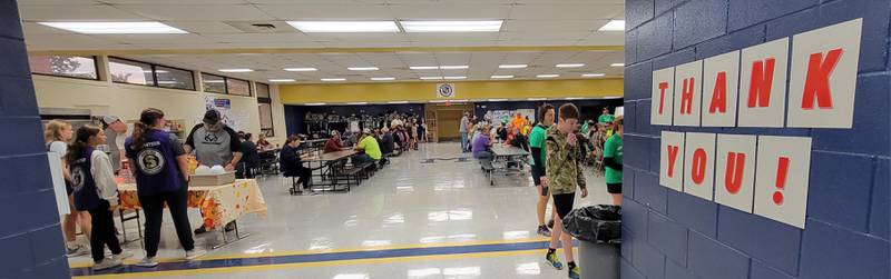 The message on the wall of the Marquette Academy Junior High cafeteria expresses the gratitude for Saturday's volunteer efforts throughout Ottawa, Marseilles and Wedron.