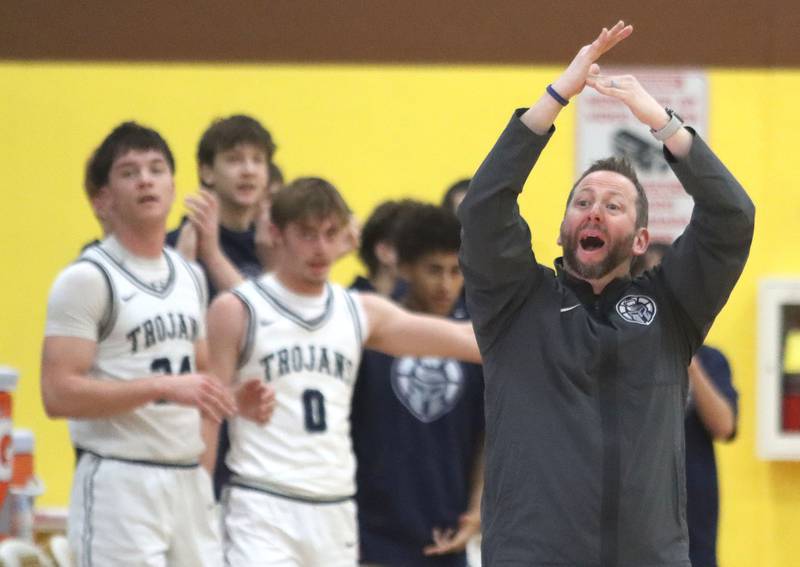 Cary-Grove’s Head Coach Adam McCloud calls a time out against Naperville North in varsity boys basketball Hinkle Holiday Classic action on Monday, Dec. 21, 2025, at Jacobs High School in Algonquin.