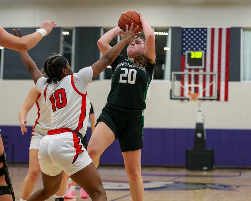 Providence's Gabi Bednar (20) shoots a fade a way shot in the WJOL Tournament Championship game. Nov 18, 2023.
