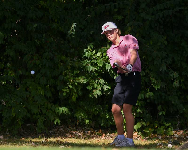 Carter Humbers of Yorkville chips onto the green during the Plainfield Central regional on Wednesday Oct. 1, 2025, held at Wedgewood Golf Course in Plainfield.