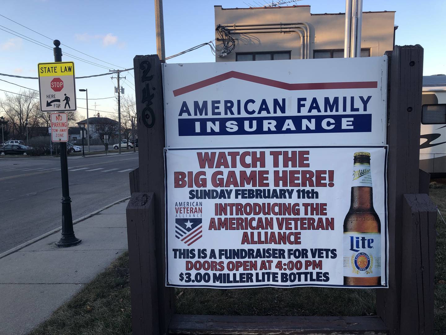 A sign welcoming attendees to the American Veterans Alliance Super Bowl Bash Feb. 11, 2024.