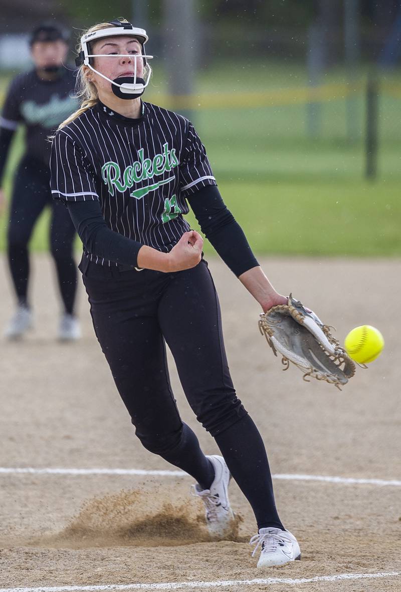 Rock Falls’ Zoey Silva fires a pitch against Dixon Thursday, May 7, 2026.