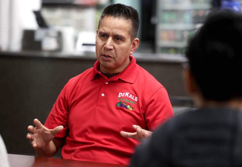 Martin Garcia, owner of DeKalb Fresh Market, talks about about his reasons for participating in a Day Without Immigrants Monday, Feb. 3, 2025, during a meeting at Flamingo Restaurant & Ice Cream in DeKalb. More than 30 DeKalb County businesses closed on Monday to show solidarity in their stance against President Donald Trump’s anti-immigration policy.