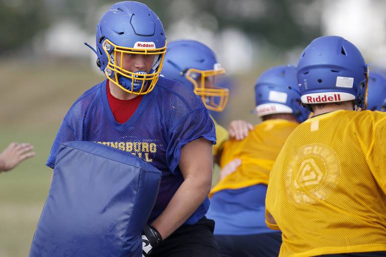 Johnsburg's Jacob Welch works on defensive drills during football practice at Johnsburg High School on Tuesday, Aug. 10, 2021 in Johnsburg.