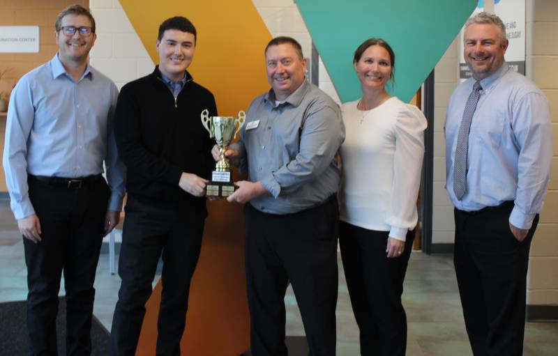 (Left to right); First State Bank commercial loan officer Jacob Cook, Old National Bank banking center assistant manager Andrew Miller, Kishwaukee Family CEO Brian Bickner, Heartland Bank employee Chrissy Large, and Resource Bank investment representative Brandon Diviak