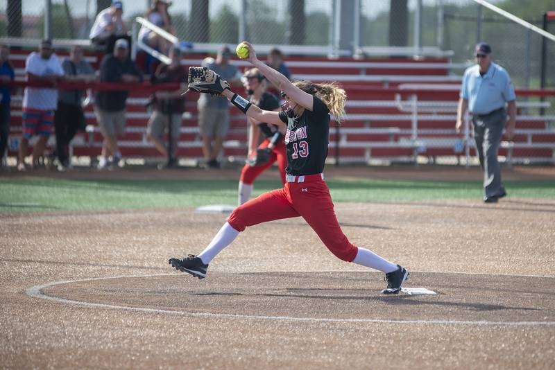 Forreston’s Kara Erdmann fires a pitch against Newark Saturday, June 4, 2022 during the IHSA Class 1A softball state third place game.