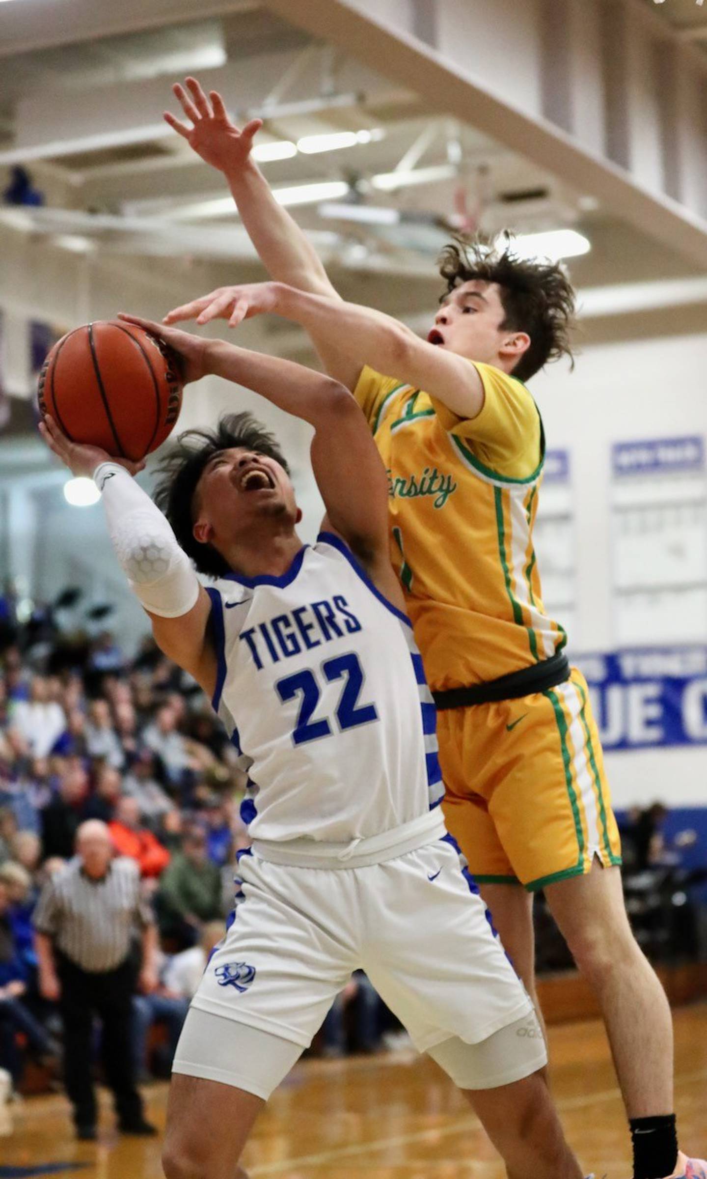 Princeton's Christian Rosario gets fouled by U-High's Jace Berndt Saturday night at Prouty Gym.