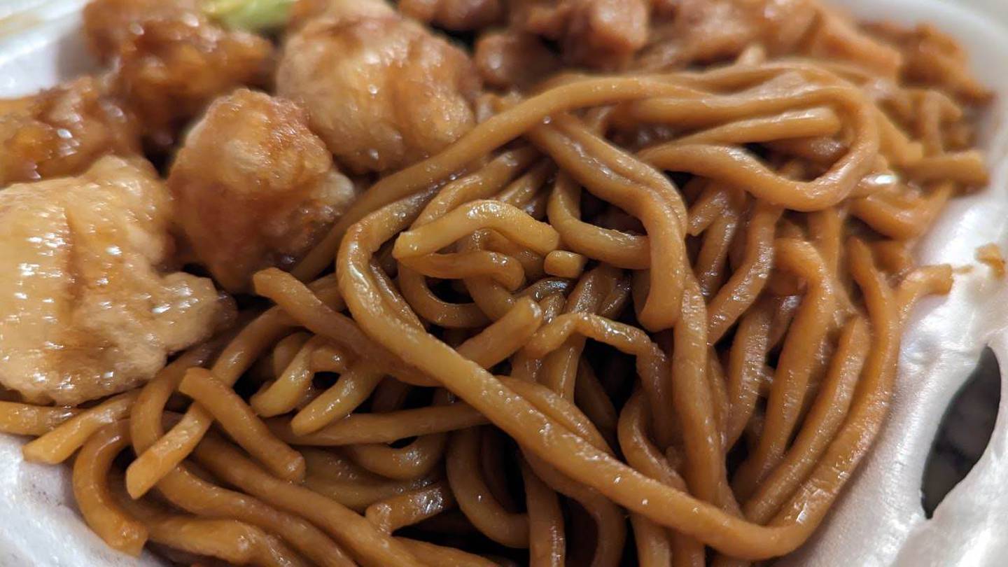 Here is orange chicken with lo mein noodles from the China Experience at Louis Joliet Mall in Joliet.