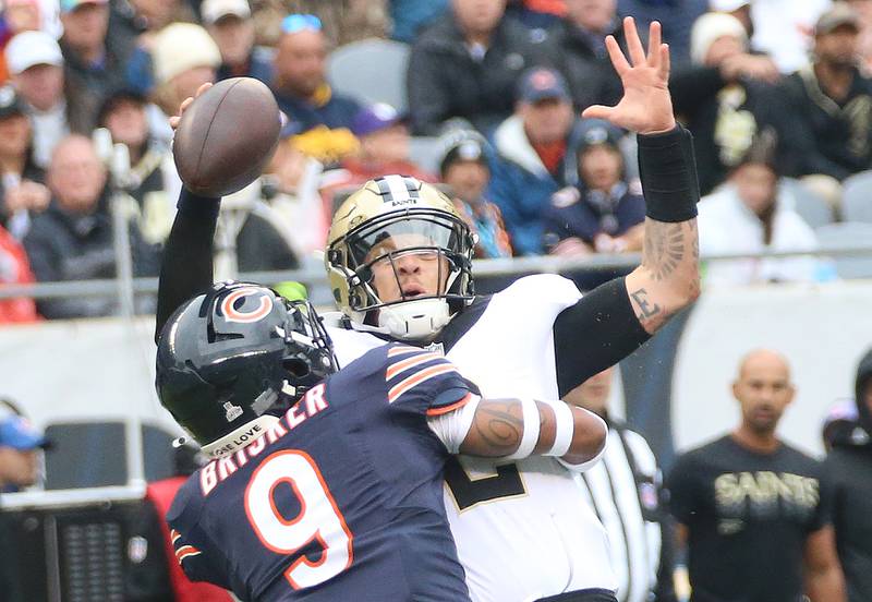 Chicago Bears Jaquan Brisker sacks New Orleans Saints quarterback Spencer Rattler on Sunday, Oct. 19, 2025 at Soldier Field in Chicago.