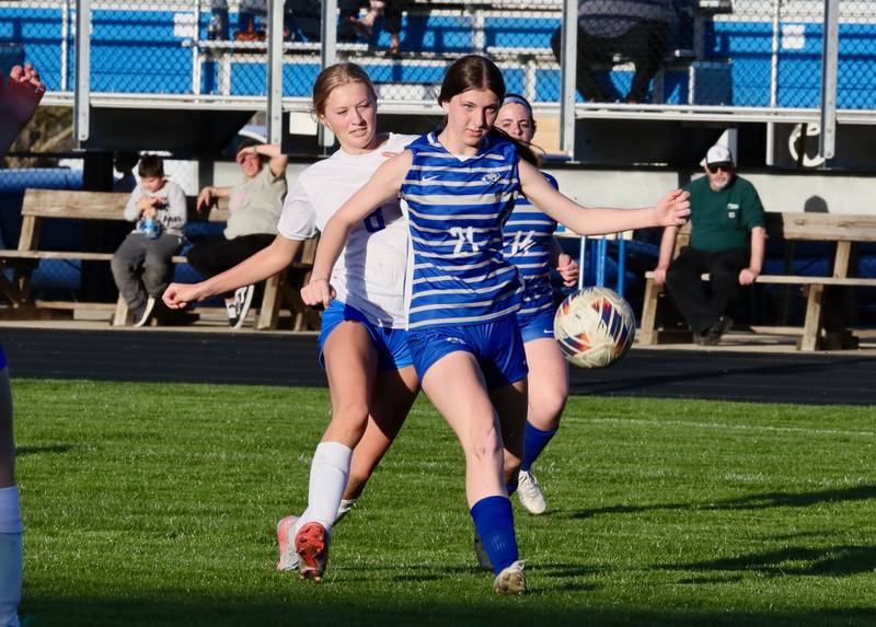 Princeton freshman Addie Dever lines up a second-half goal against HBR Monday night at Bryant Field.