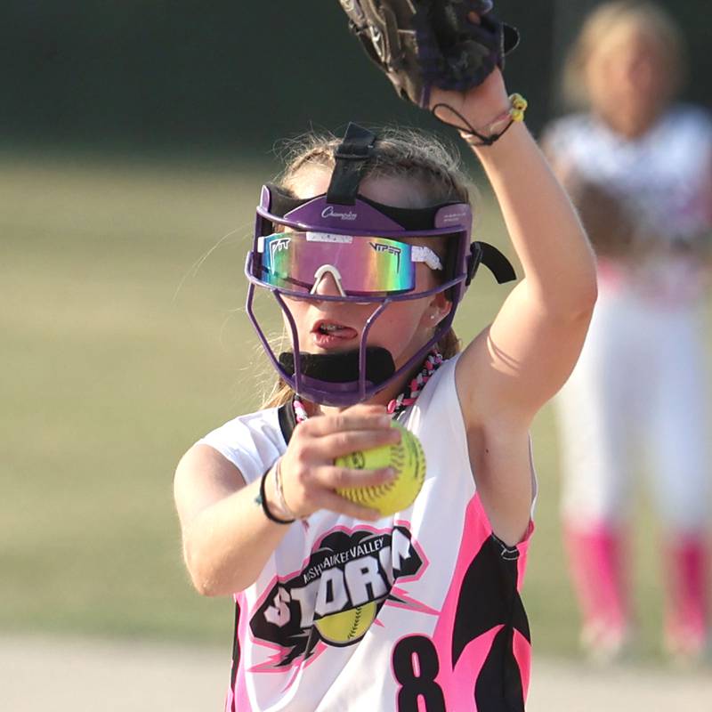 Kishwaukee Valley Storm 10u player Emma Wilczek delivers a pitch Wednesday, June 21, 2023, during a scrimmage game against the Poplar Grove Power at the Sycamore Community Sports Complex. The Kishwaukee Valley Storm is hosting the Storm Dayz tournament this weekend which draws about 70 teams and runs Friday through Sunday in Sycamore.