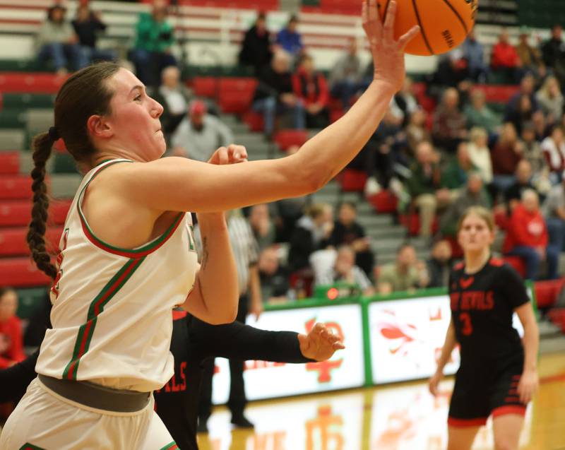 L-P's Brianna Ruppert looks to pass the ball off against Hall on Monday, Jan. 12, 2026 in Sellett Gymnasium at L-P High School.