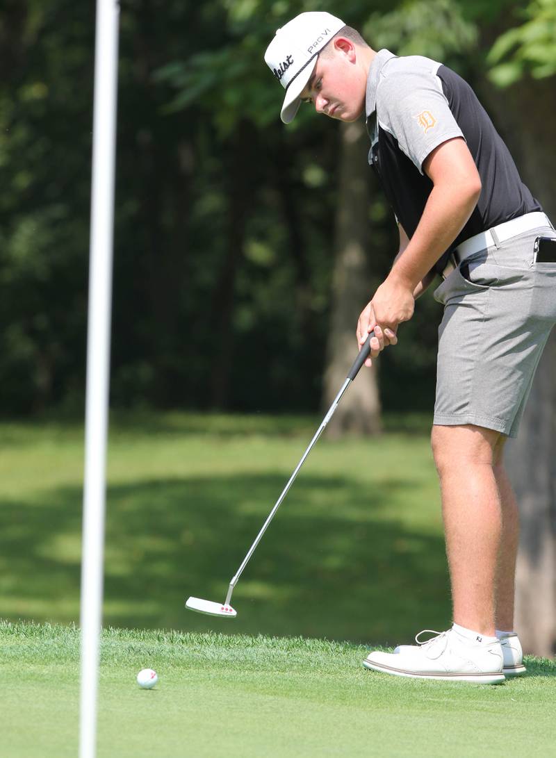 DeKalb’s Jonah Keck putts on the second hole during the Mark Rolfing Cup Monday, Aug. 21, 2023, at the Kishwaukee Country Club in DeKalb.