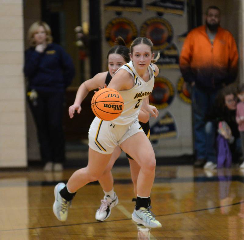 Polo's Laynie Mandrell (2) chases down a loose ball against Riverdale on Saturday, Jan. 18, 2025 at Polo High School.