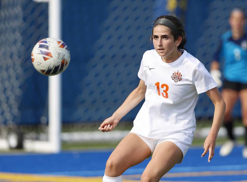 Crystal Lake Central's Jordin Gaunaurd (13) keeps her eye on the ball during the 2A girl's varsity supersectional soccer match between Crystal Lake South and St. Ignatius high schools on Tuesday, June 3, 2025 in Chicago.