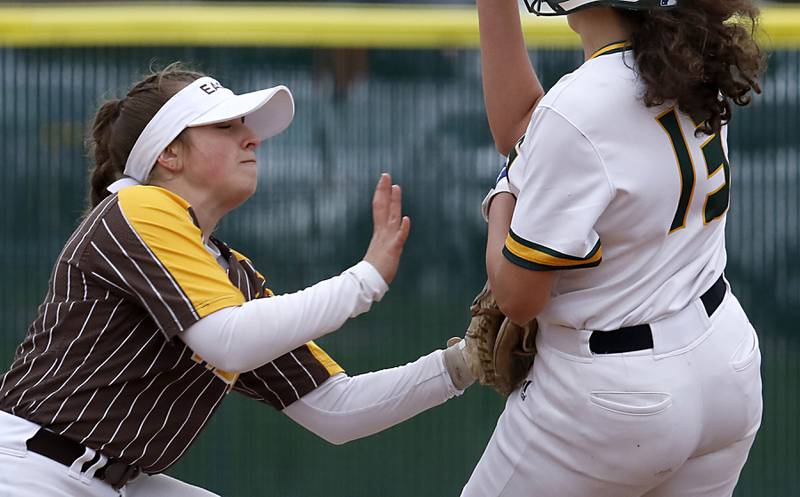 Jacobs’s CiCi Di Silvio tags out Crystal Lake South's Amelia Cervantes as she tries to steal second base during a Fox Valley Conference softball game Monday, April 25, 2022, between Crystal Lake South  and Jacobs at Crystal Lake South High School.