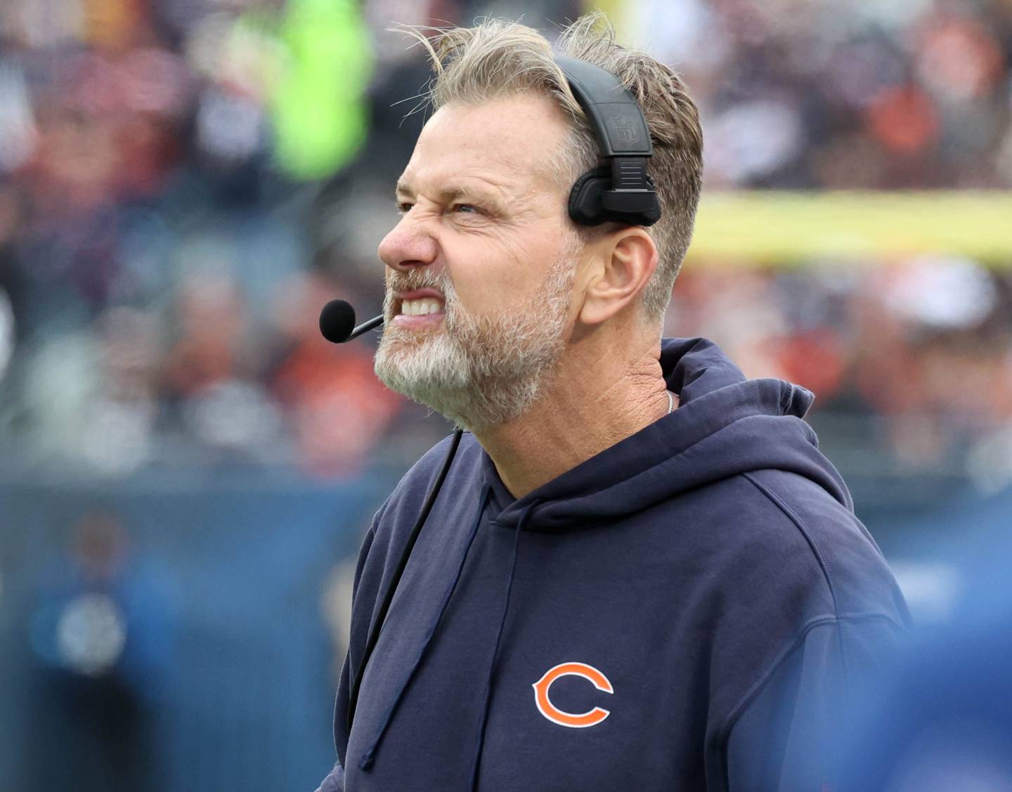 Chicago Bears Head coach Matt Eberflus shows his frustration during their game against the Minnesota Vikings Sunday, Nov. 24, 2024, at Soldier Field in Chicago.