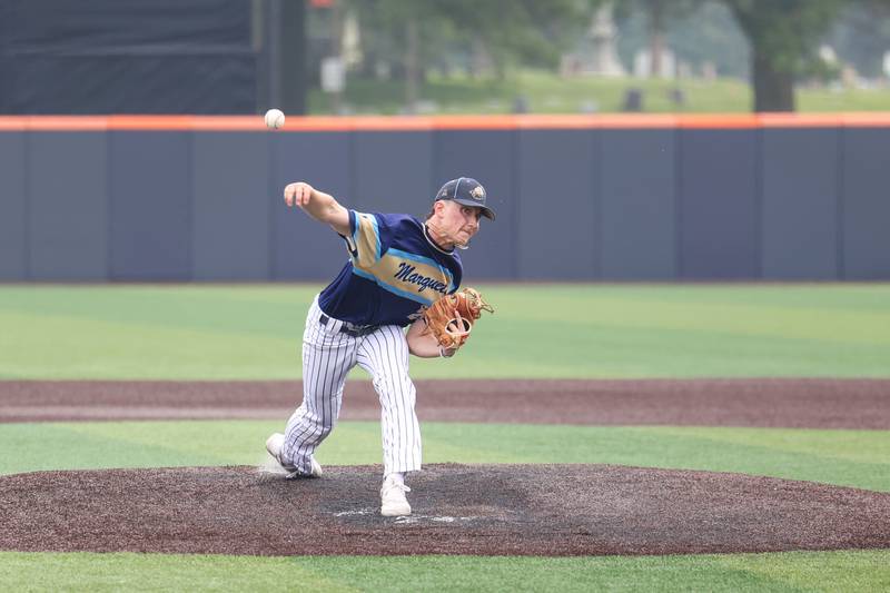 Ottawa Marquette’s Griffin Dobberstein releases a pitch during the Crusaders' 16-1 victory over Lexington in the IHSA Class 1A State semifinal on Friday, June 6, 2025.