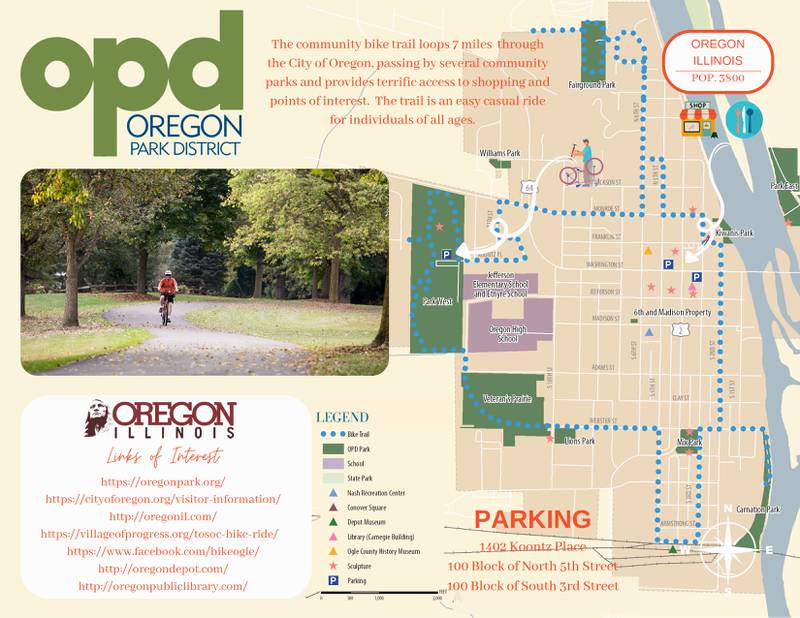 An update to the Oregon Park District's community bike path path to align it with the Tour of Scenic Ogle County bike route was completed on July 5, 2023.