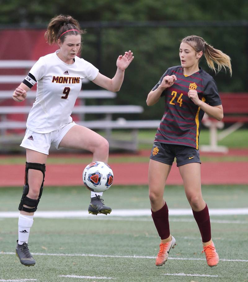 Montini's Maren Hoovel (left) controls the ball in front of Richmond-Burton's Ember Demers Friday, May 27, 2022, during their IHSA Class 1A state semifinal game at North Central College in Naperville.