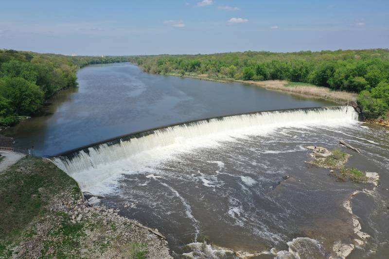 An aerial view of the Dayton Dam looking south on Tuesday, May 9, 2023 in Dayton.