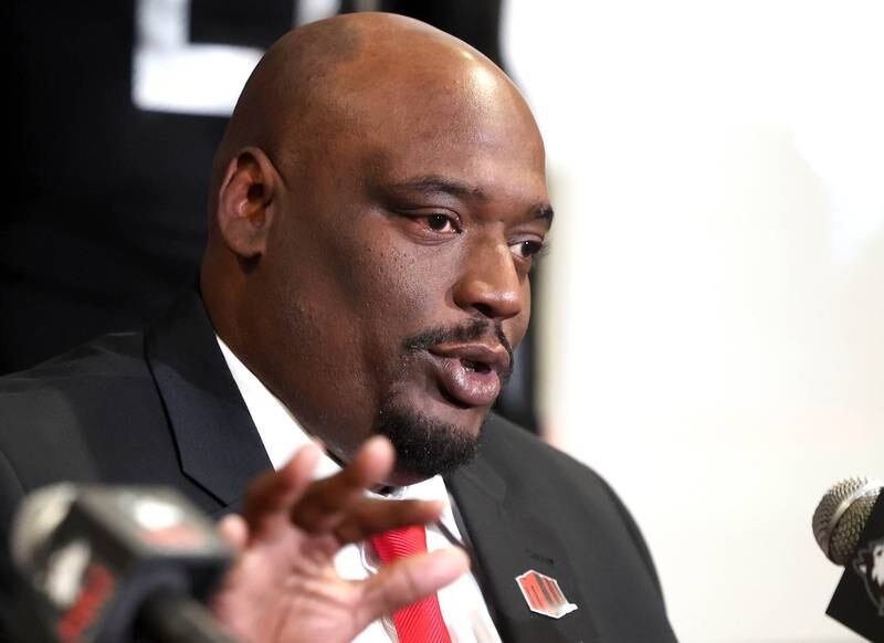 Northern Illinois University head football coach Thomas Hammock answers a question during a press conference Tuesday, Jan. 7, 2025, announcing that NIU football will be joining the Mountain West Conference starting with the 2026 season.