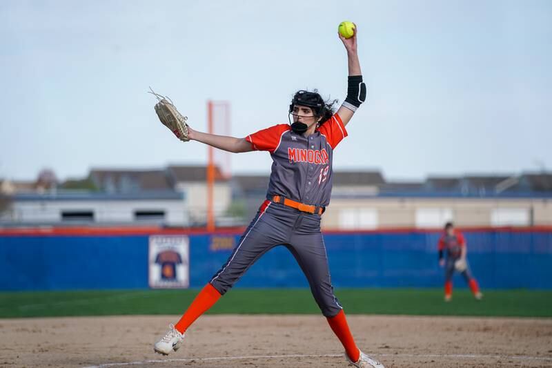 Minooka's Marina Hristov (19) delivers a pitch against Oswego during a Southwest Prairie Conference softball game at Oswego High School on Wednesday, April 23, 2025.
